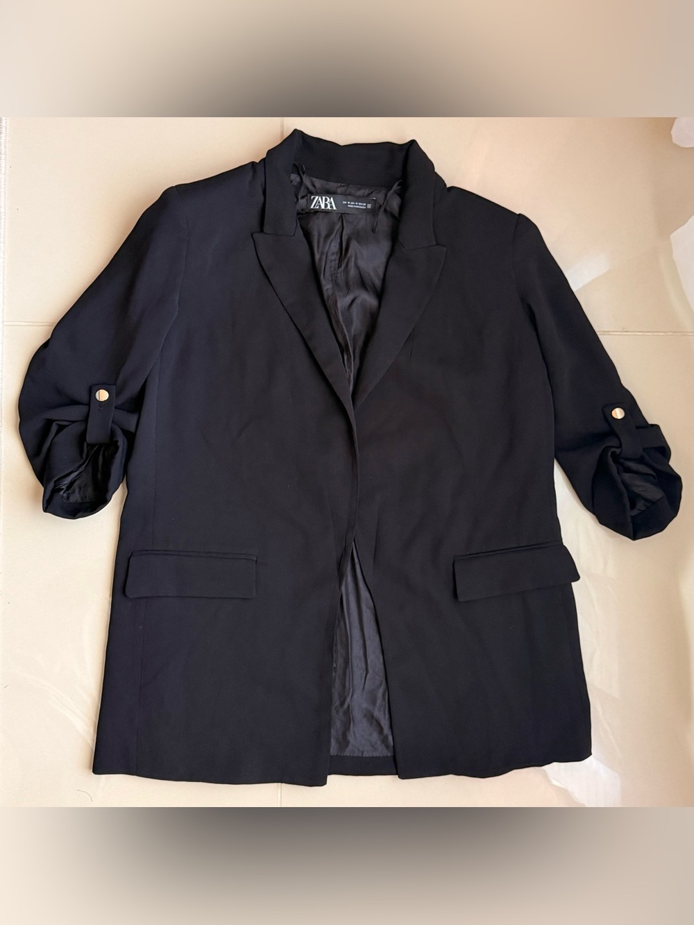 Zara Black Longline Open-Front Blazer with Tie Sleeve Detail - Size M